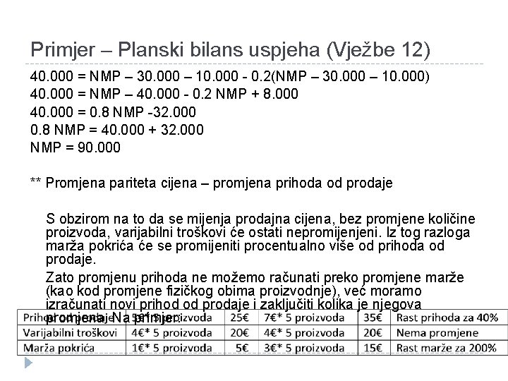 Primjer – Planski bilans uspjeha (Vježbe 12) 40. 000 = NMP – 30. 000