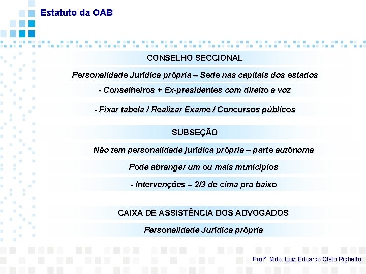 Estatuto da OAB CONSELHO SECCIONAL Personalidade Jurídica própria – Sede nas capitais dos estados