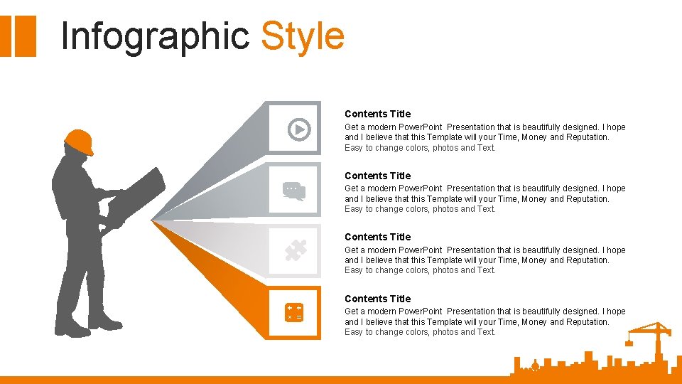 Infographic Style Contents Title Get a modern Power. Point Presentation that is beautifully designed.