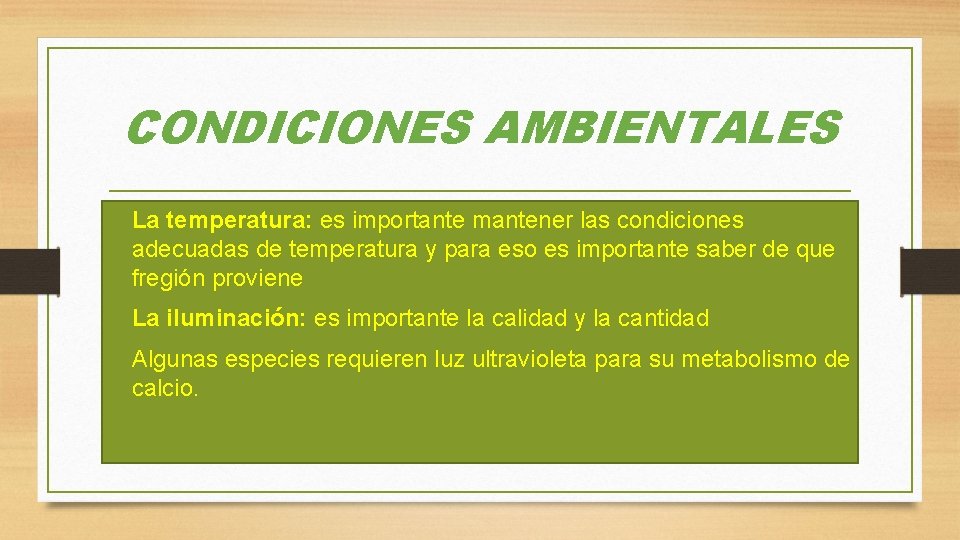 CONDICIONES AMBIENTALES • La temperatura: es importante mantener las condiciones adecuadas de temperatura y
