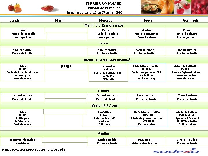 PLESSIS BOUCHARD Maison de l'Enfance Semaine du Lundi 13 au 17 Juillet 2020 Lundi