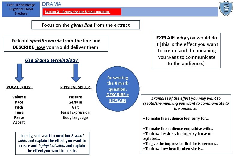 Year 10 Knowledge Organiser Blood Brothers DRAMA Section G – Answering the 8 mark