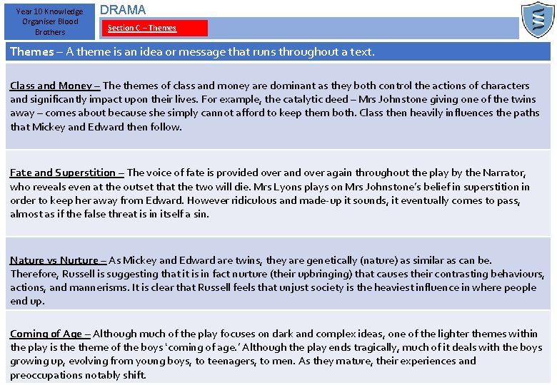 Year 10 Knowledge Organiser Blood Brothers DRAMA Section C – Themes – A theme
