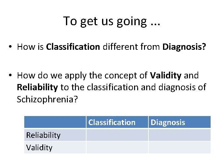 To get us going. . . • How is Classification different from Diagnosis? •