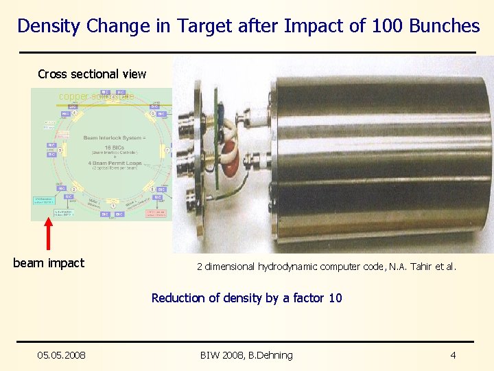 Density Change in Target after Impact of 100 Bunches Cross sectional view copper solid