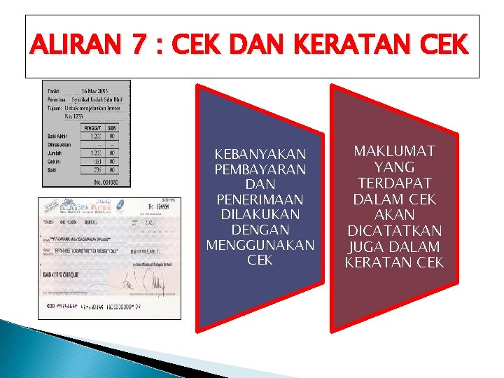 ALIRAN 7 : CEK DAN KERATAN CEK KEBANYAKAN PEMBAYARAN DAN PENERIMAAN DILAKUKAN DENGAN MENGGUNAKAN