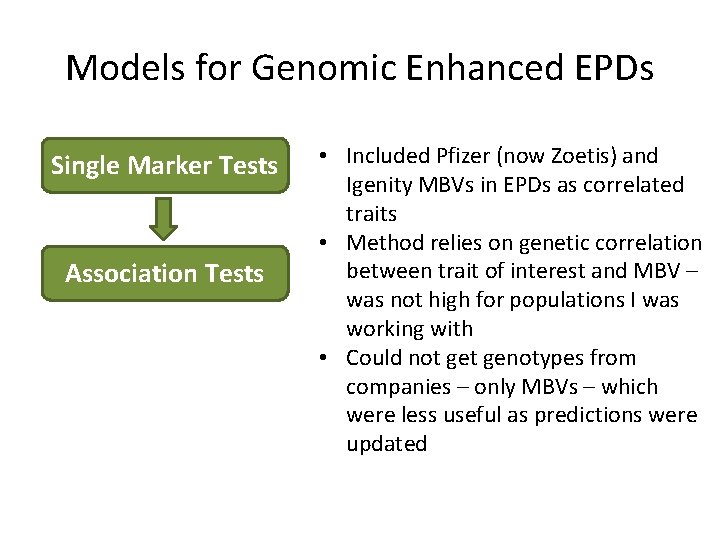 Models for Genomic Enhanced EPDs Single Marker Tests Association Tests • Included Pfizer (now