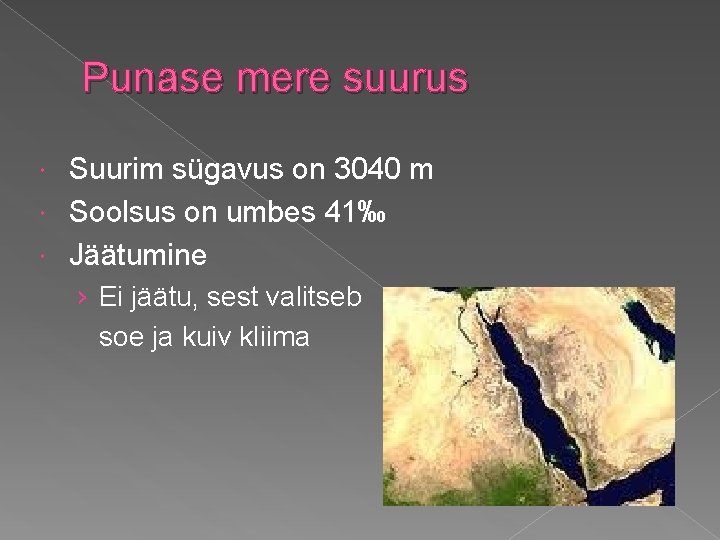 Punase mere suurus Suurim sügavus on 3040 m Soolsus on umbes 41‰ Jäätumine ›