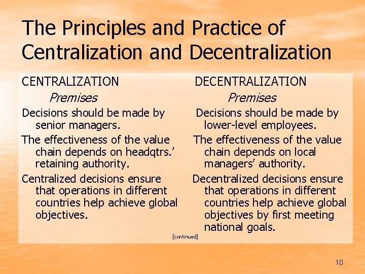 The Principles and Practice of Centralization and Decentralization CENTRALIZATION DECENTRALIZATION Premises Decisions should be