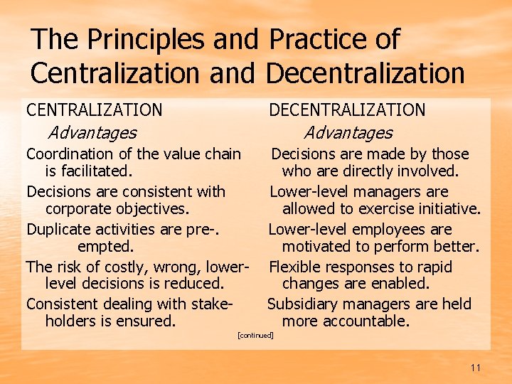 The Principles and Practice of Centralization and Decentralization CENTRALIZATION DECENTRALIZATION Advantages Coordination of the