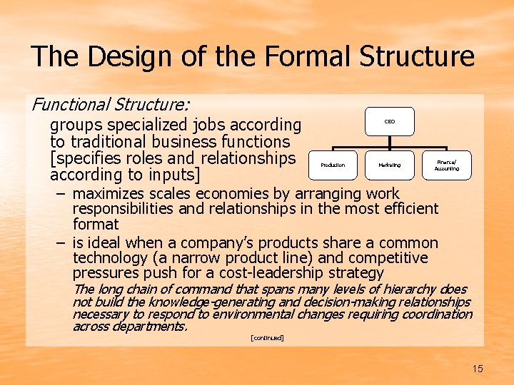 The Design of the Formal Structure Functional Structure: groups specialized jobs according to traditional