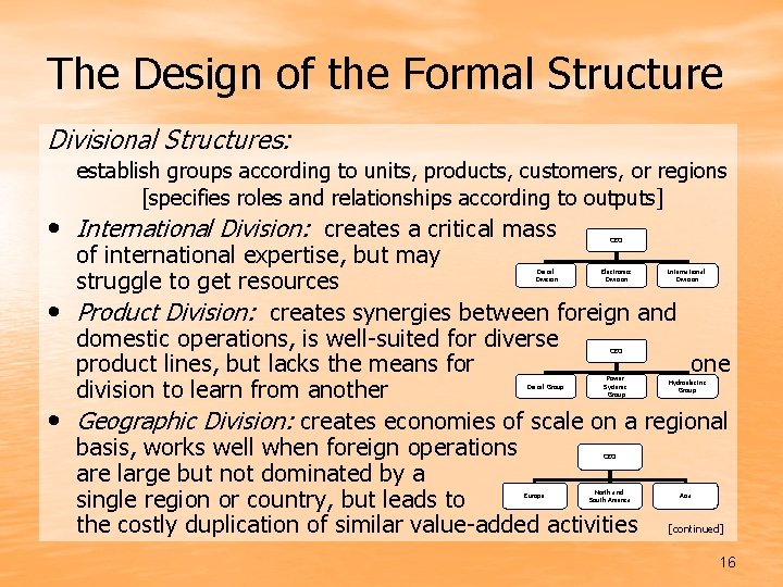 The Design of the Formal Structure Divisional Structures: establish groups according to units, products,