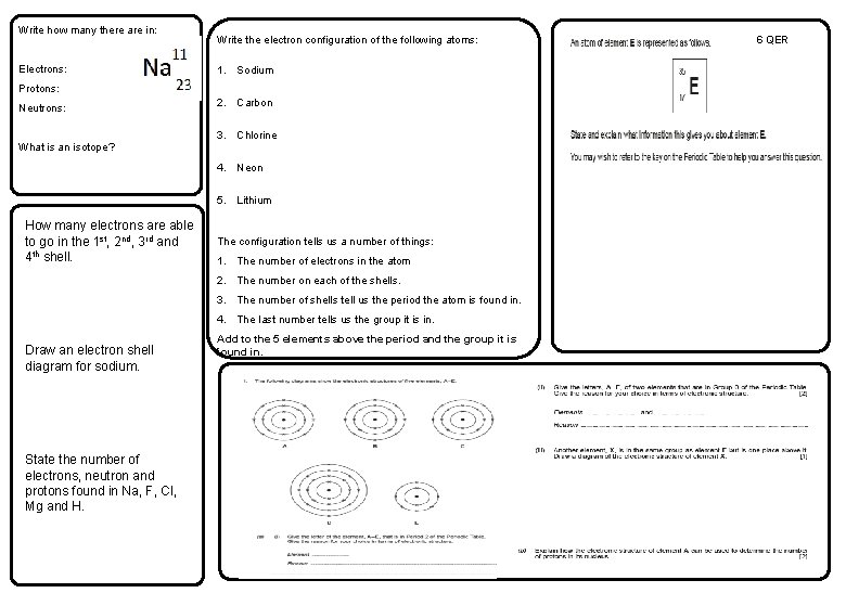 Write how many there are in: Electrons: Write the electron configuration of the following
