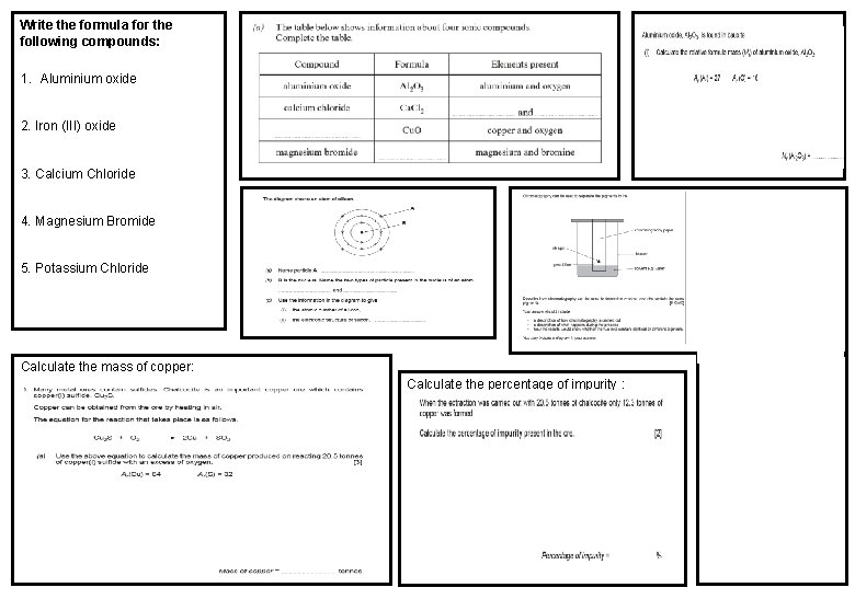 Write the formula for the following compounds: 1. Aluminium oxide 2. Iron (III) oxide