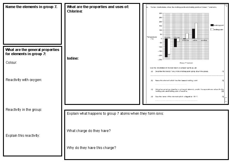 Name the elements in group 7. What are the properties and uses of: Chlorine: