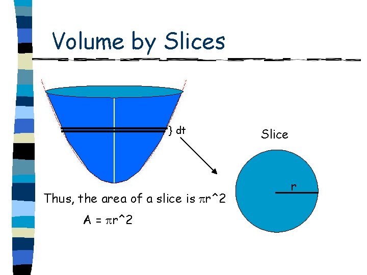 Volume by Slices } dt Thus, the area of a slice is r^2 A