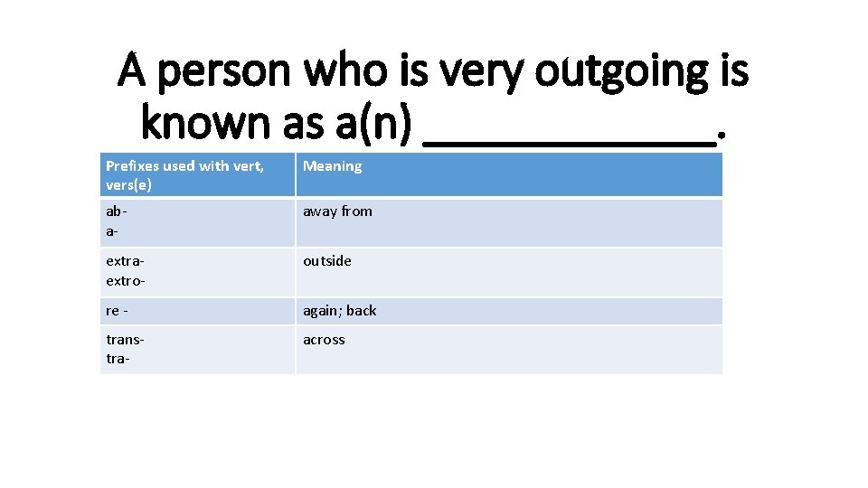 A person who is very outgoing is known as a(n) ______. Prefixes used with