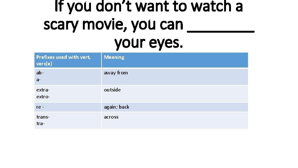 If you don’t want to watch a scary movie, you can ____ your eyes.