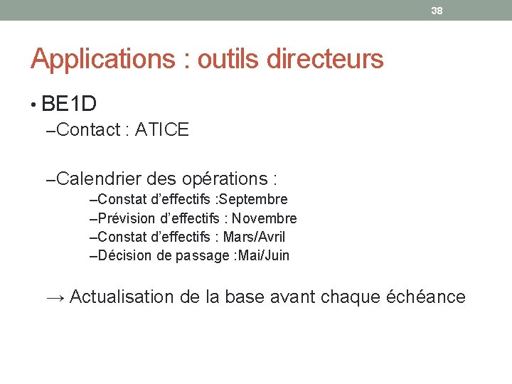 38 Applications : outils directeurs • BE 1 D – Contact : ATICE –