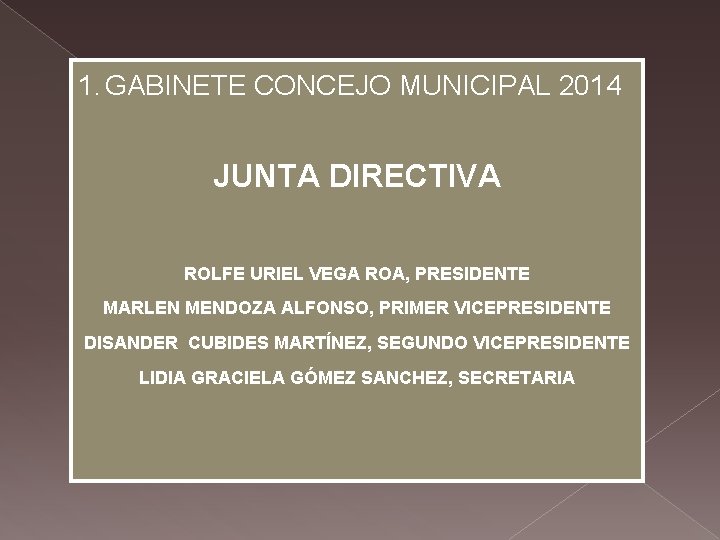 1. GABINETE CONCEJO MUNICIPAL 2014 JUNTA DIRECTIVA ROLFE URIEL VEGA ROA, PRESIDENTE MARLEN MENDOZA