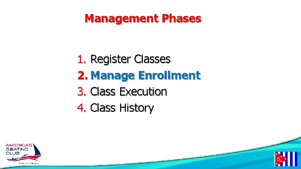 Management Phases 1. Register Classes 2. Manage Enrollment 3. Class Execution 4. Class History