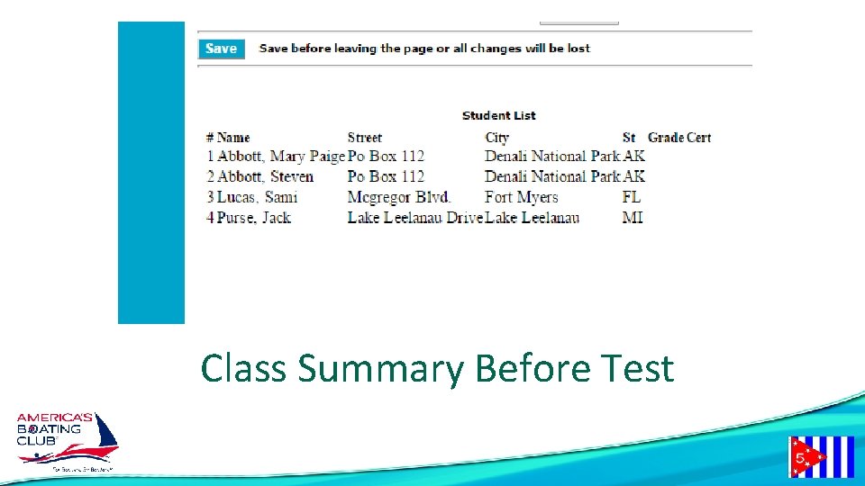 Class Summary Before Test 