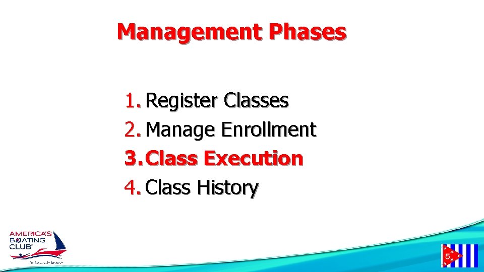 Management Phases 1. Register Classes 2. Manage Enrollment 3. Class Execution 4. Class History