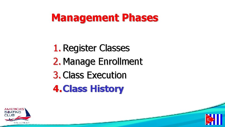 Management Phases 1. Register Classes 2. Manage Enrollment 3. Class Execution 4. Class History