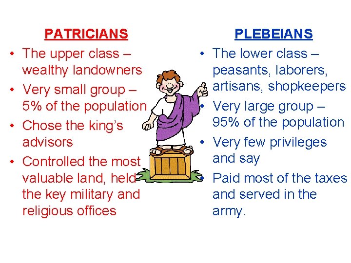 • • PATRICIANS The upper class – wealthy landowners Very small group –