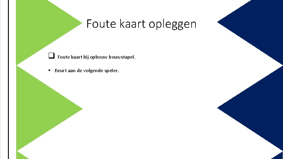 Foute kaart opleggen q Foute kaart bij opbouwstapel. § Beurt aan de volgende speler.