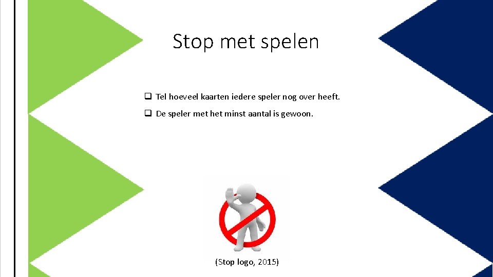 Stop met spelen q Tel hoeveel kaarten iedere speler nog over heeft. q De