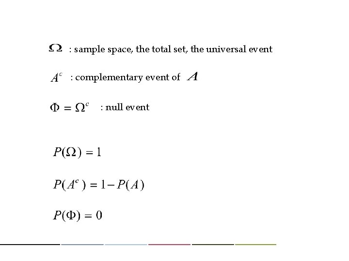 : sample space, the total set, the universal event : complementary event of :