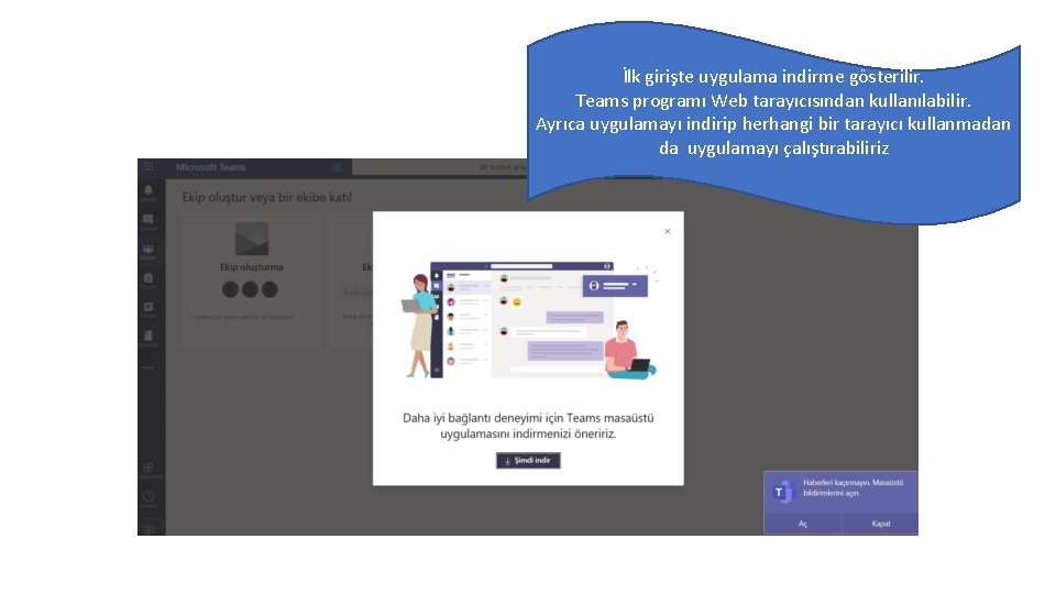 İlk girişte uygulama indirme gösterilir. Teams programı Web tarayıcısından kullanılabilir. Ayrıca uygulamayı indirip herhangi