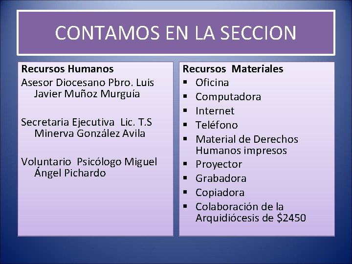 CONTAMOS EN LA SECCION Recursos Humanos Asesor Diocesano Pbro. Luis Javier Muñoz Murguía Secretaria