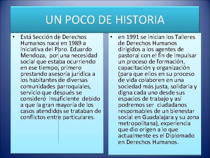 UN POCO DE HISTORIA • Está Sección de Derechos Humanos nace en 1989 a