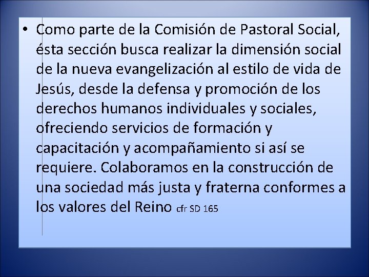  • Como parte de la Comisión de Pastoral Social, ésta sección busca realizar