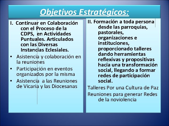 Objetivos Estratégicos: I. Continuar en Colaboración con el Proceso de la CDPS, en Actividades