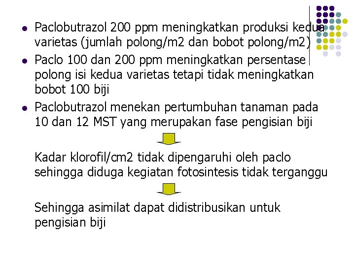 l l l Paclobutrazol 200 ppm meningkatkan produksi kedua varietas (jumlah polong/m 2 dan