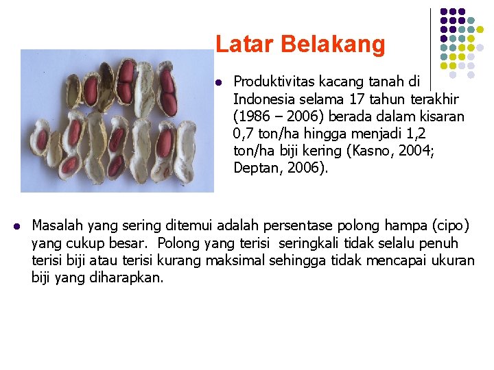 Latar Belakang l l Produktivitas kacang tanah di Indonesia selama 17 tahun terakhir (1986