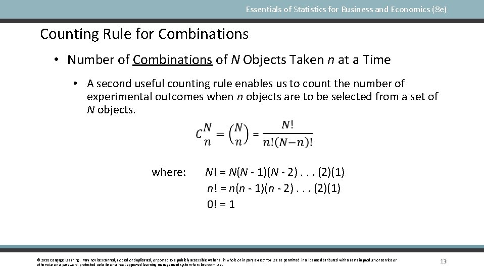 Essentials of Statistics for Business and Economics (8 e) Counting Rule for Combinations •