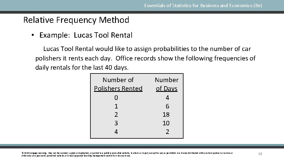 Essentials of Statistics for Business and Economics (8 e) Relative Frequency Method • Example: