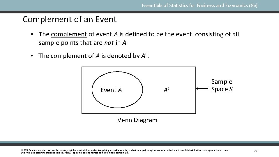 Essentials of Statistics for Business and Economics (8 e) Complement of an Event •