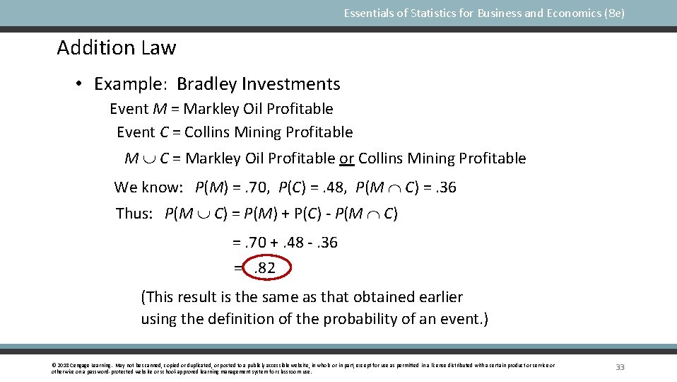 Essentials of Statistics for Business and Economics (8 e) Addition Law • Example: Bradley