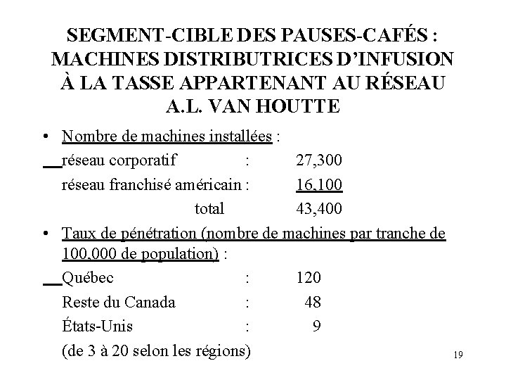 SEGMENT-CIBLE DES PAUSES-CAFÉS : MACHINES DISTRIBUTRICES D’INFUSION À LA TASSE APPARTENANT AU RÉSEAU A.