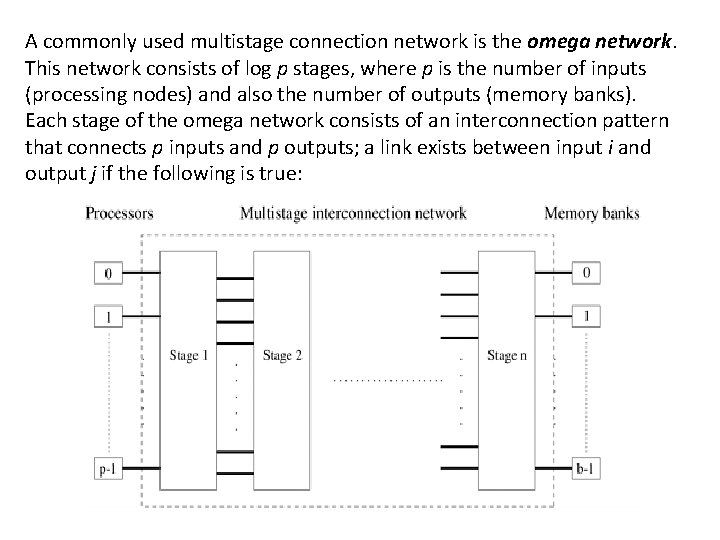 A commonly used multistage connection network is the omega network. This network consists of