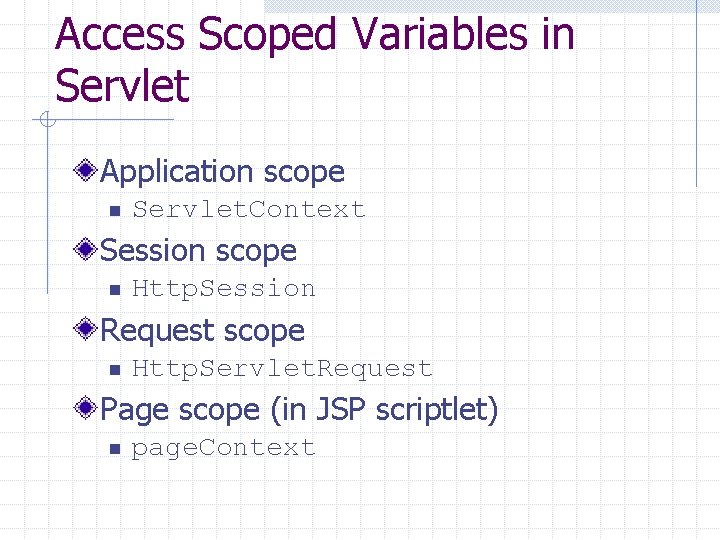Access Scoped Variables in Servlet Application scope n Servlet. Context Session scope n Http.