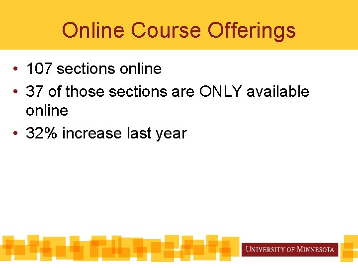 Online Course Offerings • 107 sections online • 37 of those sections are ONLY
