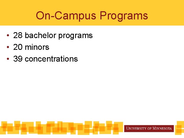 On-Campus Programs • 28 bachelor programs • 20 minors • 39 concentrations 
