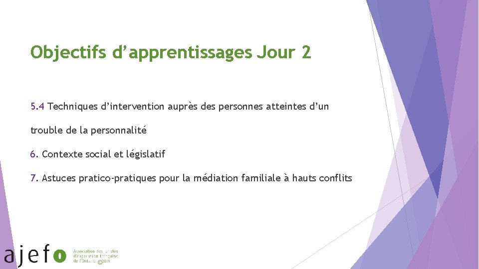 Objectifs d’apprentissages Jour 2 5. 4 Techniques d’intervention auprès des personnes atteintes d’un trouble