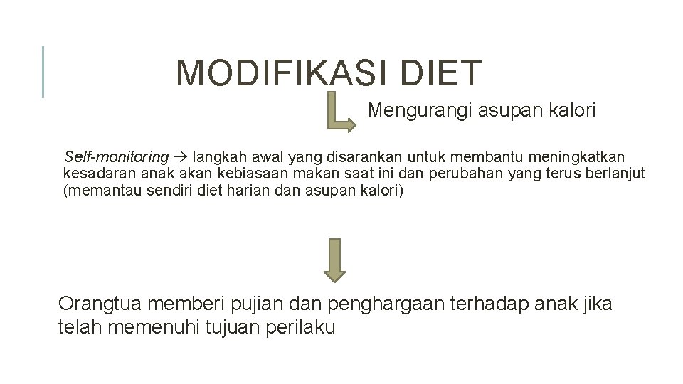 MODIFIKASI DIET Mengurangi asupan kalori Self-monitoring langkah awal yang disarankan untuk membantu meningkatkan kesadaran